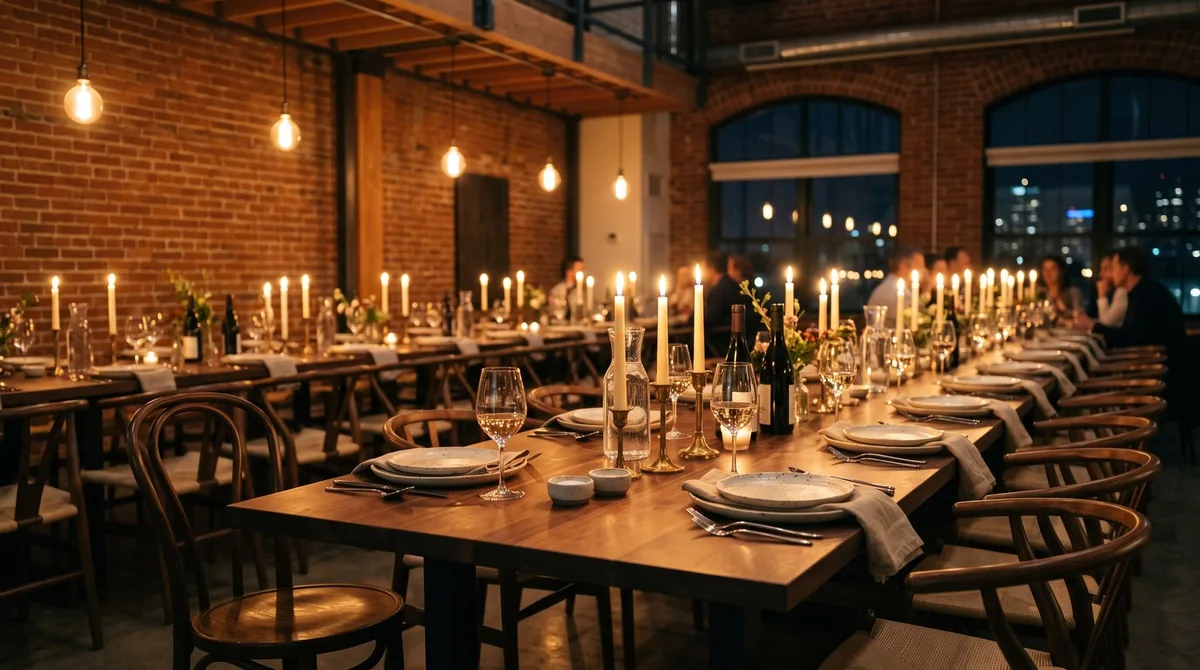 A long candlelit table set for a founder dinner in a warm loft space