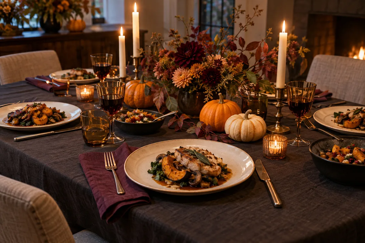 A Halloween dinner party table with pumpkins, candles and seasonal food