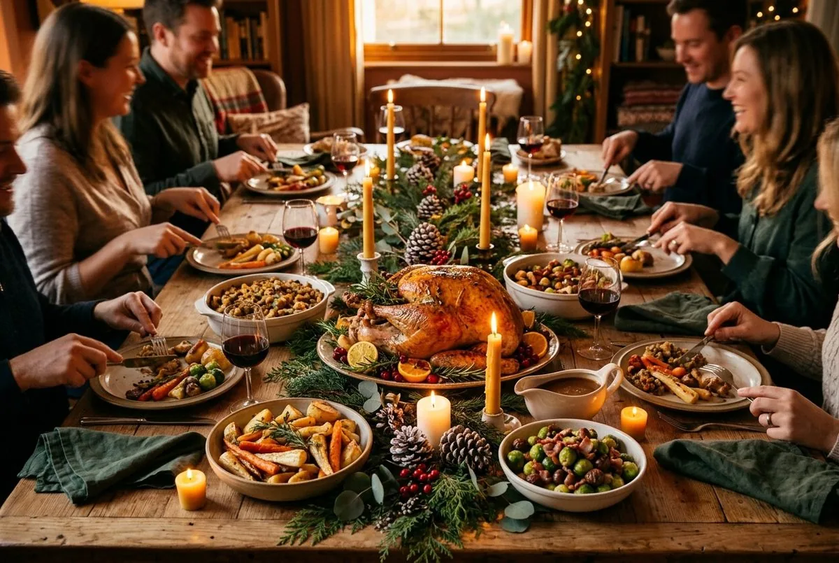 A holiday dinner table with a roasted centerpiece and candles