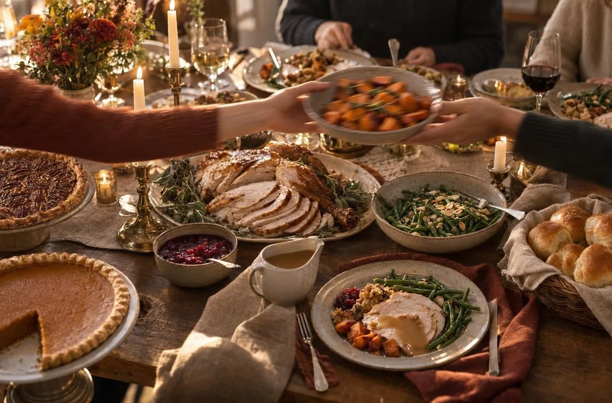 An overhead view of a Thanksgiving table mid meal with sliced turkey, sides and pies